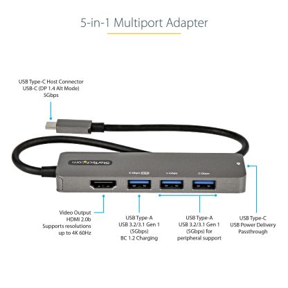 StarTech.com USB C Multiport Adapter - USB-C to HDMI 2.0b 4K 60Hz (HDR10), 100W Power Delivery Pass-Through, 4-Port USB 3.0 Hub - Image 3