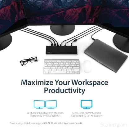 StarTech.com 4K USB-C Dock, Triple UHD 4K Monitor Docking Station, Mac & Windows, USB C to HDMI & DisplayPort, 100W Power Delive - Image 7