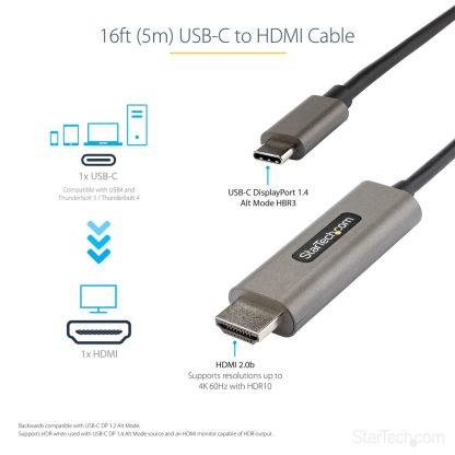 StarTech.com 16ft (5m) USB C to HDMI Cable 4K 60Hz w/ HDR10 - Ultra HD USB Type-C to 4K HDMI 2.0b Video Adapter Cable - USB-C t - Image 5