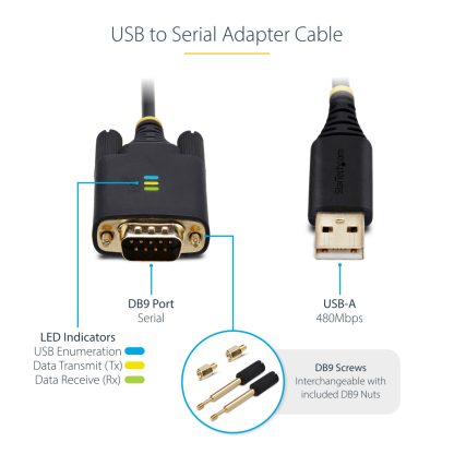 StarTech.com 3ft (1m) USB to Serial Adapter Cable, COM Retention, Interchangeable Screws/Nuts, USB-A to DB9 RS232, FTDI IC, ESD - Image 13