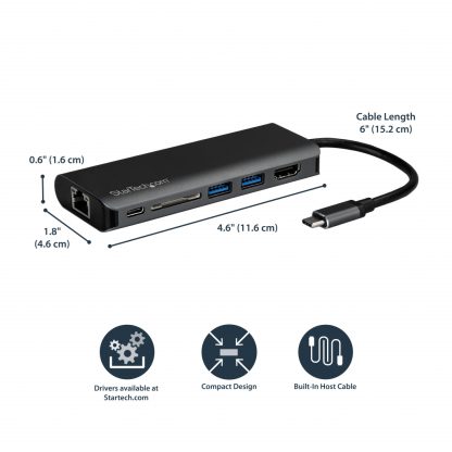 StarTech.com USB C Multiport Adapter, Portable USB-C Dock to 4K HDMI, 2-pt USB 3.0 Hub, SD/SDHC, GbE, 60W PD Pass-Through - USB - Image 8