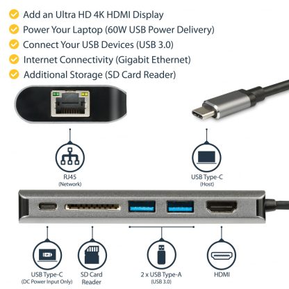 StarTech.com USB C Multiport Adapter, Portable USB-C Dock to 4K HDMI, 2-pt USB 3.0 Hub, SD/SDHC, GbE, 60W PD Pass-Through - USB - Image 12