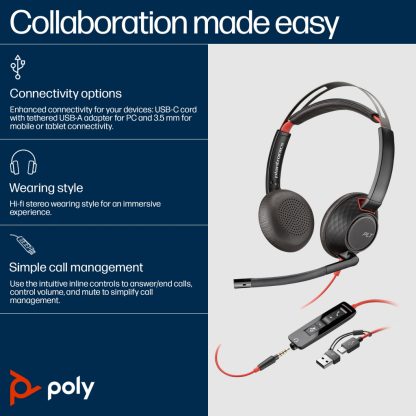 POLY Blackwire 5220 Stereo USB-C Headset +3.5mm Plug +USB-C/A Adapter - Image 2