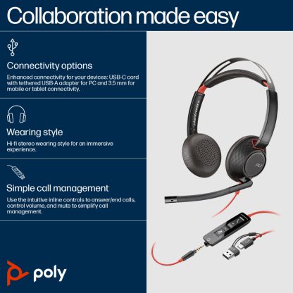 POLY Blackwire 5220 Stereo USB-C Headset +3.5mm Plug +USB-C/A Adapter - Image 10