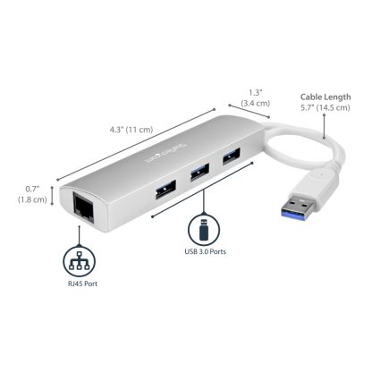 StarTech.com 3-Port Portable USB 3.0 Hub plus Gigabit Ethernet - Built-In Cable~3-Port Portable USB 3.0 Hub plus Gigabit Ethern - Image 2