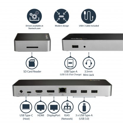 StarTech.com USB C Dock - Dual Monitor HDMI & DisplayPort 4K 30Hz - USB Type-C Laptop Docking Station 60W Power Delivery, SD, 4 - Image 7