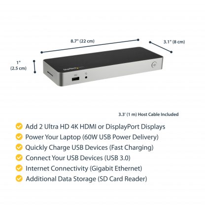 StarTech.com USB C Dock - Dual Monitor HDMI & DisplayPort 4K 30Hz - USB Type-C Laptop Docking Station 60W Power Delivery, SD, 4 - Image 11