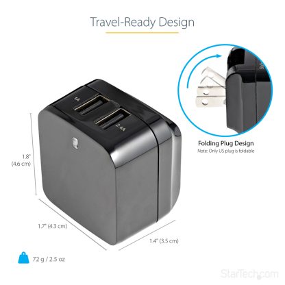 StarTech.com Dual-port USB wall charger - international travel - 17W/3.4A - black - Image 8