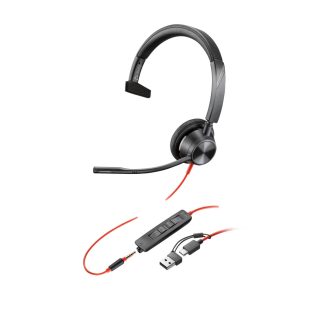 POLY Blackwire 3315 Monaural Microsoft Teams Certified USB-C Headset +3.5mm Plug +USB-C/A Adapter