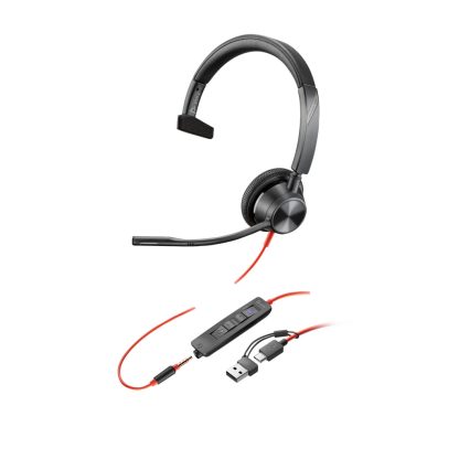 Poly Blackwire 3315 Monaural Microsoft Teams Certified USB-C Headset +3.5mm Plug +USB-C/A Adapter