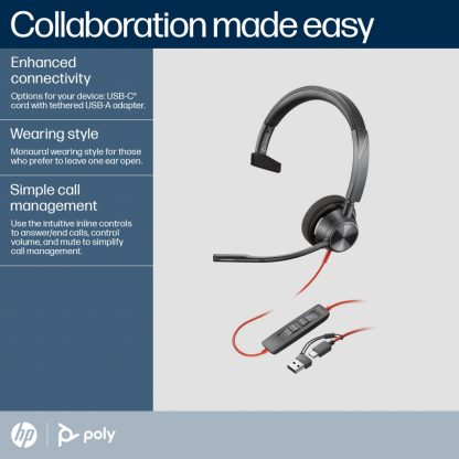 POLY Blackwire 3310 Monaural Microsoft Teams Certified USB-C Headset +USB-C/A Adapter - Image 9