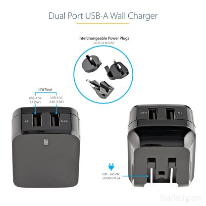 StarTech.com Dual-port USB wall charger - international travel - 17W/3.4A - black - Image 7