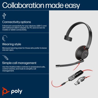 POLY Blackwire 5210 Monaural USB-C Headset +3.5mm Plug +USB-C/A Adapter - Image 15