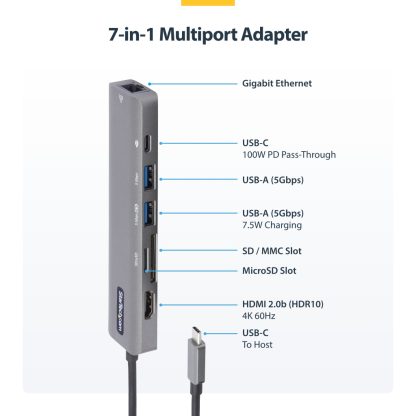 StarTech.com USB C Multiport Adapter - USB-C to 4K 60Hz HDMI 2.0, 100W Power Delivery Pass-through, SD/MicroSD, 2-Port USB 3.0 - Image 8