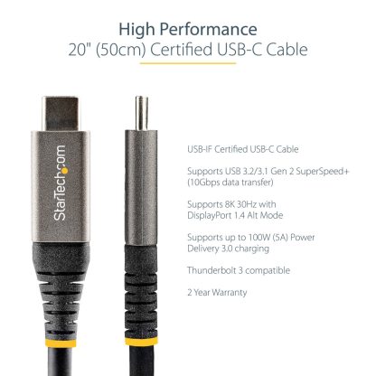 StarTech.com 20" (50cm) USB C Cable 10Gbps - USB 3.1 Type-C Cable - 100W (5A) Power Delivery Charging, DP Alt Mode - USB-C Cord - Image 2