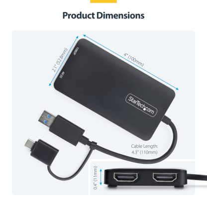 StarTech.com USB to Dual HDMI Adapter, USB A/C to 2x HDMI Displays (1x 4K30Hz, 1x 1080p), Integrated USB-A to C Dongle, 4in/11c - Image 14