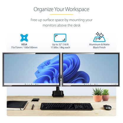 StarTech.com Desk Mount Dual Monitor Arm, Full Motion Monitor Mount for 2x VESA Displays up to 32" (17.6lb/8kg), Height Adjustab - Image 15
