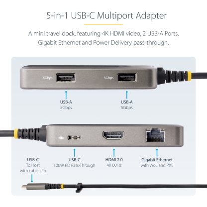 StarTech.com USB-C Multiport Adapter - 4K 60Hz HDMI - HDR - 2-Port 5Gbps USB 3.0 Hub - 100W Power Delivery Pass-Through - GbE - - Image 9