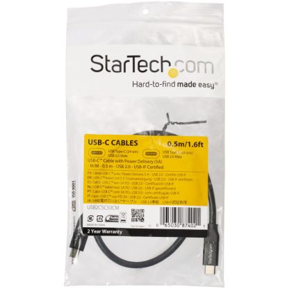StarTech.com USB-C to USB-C Cable w/ 5A PD - M/M - 0.5 m - USB 2.0 - USB-IF Certified - Image 4