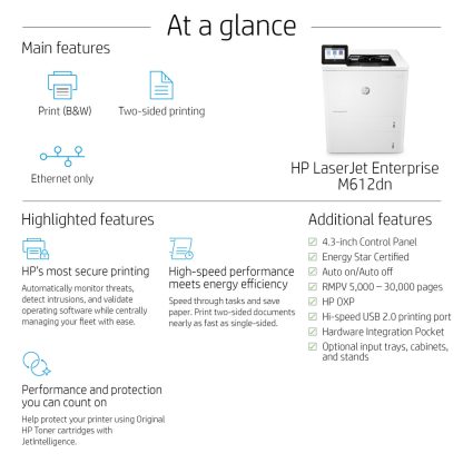 HP LaserJet Enterprise M612dn Black and white Printer, Ethernet Only; Duplex - Image 5