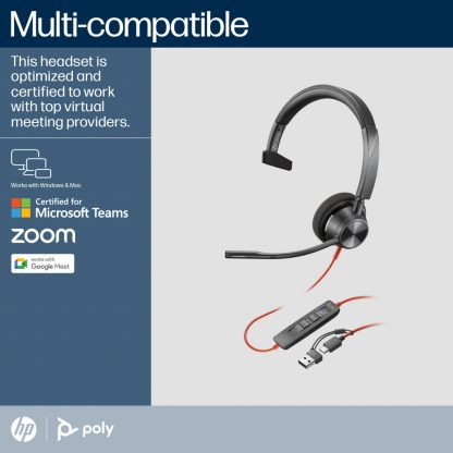 Poly Blackwire 3310 Monaural Microsoft Teams Certified USB-C Headset +USB-C/A Adapter - Image 5