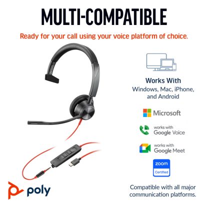 Poly Blackwire 3315 Monaural USB-C Headset +3.5mm Plug +USB-C/A Adapter - Image 5