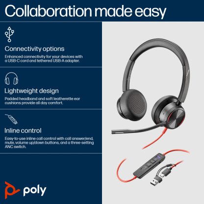 Poly Blackwire 8225 Stereo Microsoft Teams Certified USB-C Headset +USB-C/A Adapter - Image 7