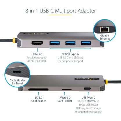 StarTech.com USB C Multiport Adapter 4K 60Hz HDMI Video, 3 Pt 5Gbps USB-A Hub, 100W USB Power Delivery Pass-Through/GbE/SD/Micr - Image 13