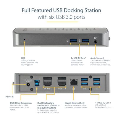 StarTech.com USB-C USB-A Dock - Hybrid Universal USB 3.0 Docking Station for USB-C or USB-A Laptop - Dual Monitor 4K 60Hz HDMI/ - Image 11
