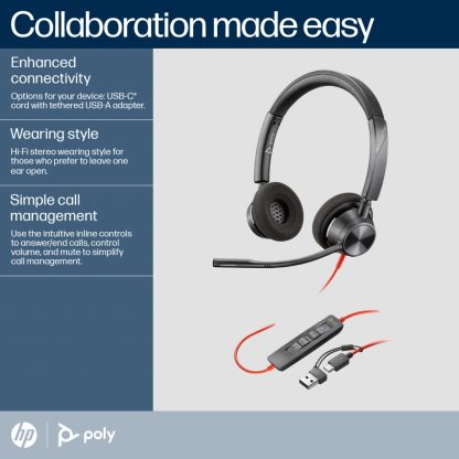 Poly Blackwire 3320 Stereo Microsoft Teams Certified USB-C Headset +USB-C/A Adapter - Image 7