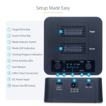 StarTech.com 1:1 M.2 NVMe Drive Duplicator, Standalone M.2 SSD Cloner/Copier up to 90GBpm, USB 3.2 20Gbps M.2 Dual-Bay Drive Do - Image 12