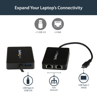 StarTech.com USB-C to Dual Gigabit Ethernet Adapter with USB (Type-A) Port - Image 6