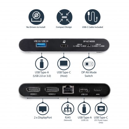 StarTech.com USB C Dock - 4K Dual Monitor DisplayPort - Mini Laptop Docking Station - 100W Power Delivery Passthrough - GbE, 2- - Image 7