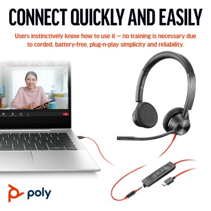 Poly Blackwire 3325 Stereo Microsoft Teams Certified USB-C Headset +3.5mm Plug +USB-C/A Adapter - Image 6
