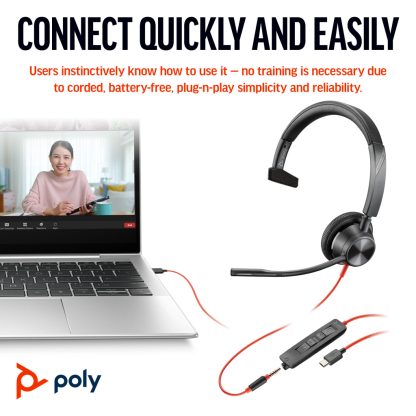 Poly Blackwire 3315 Monaural USB-C Headset +3.5mm Plug +USB-C/A Adapter - Image 6