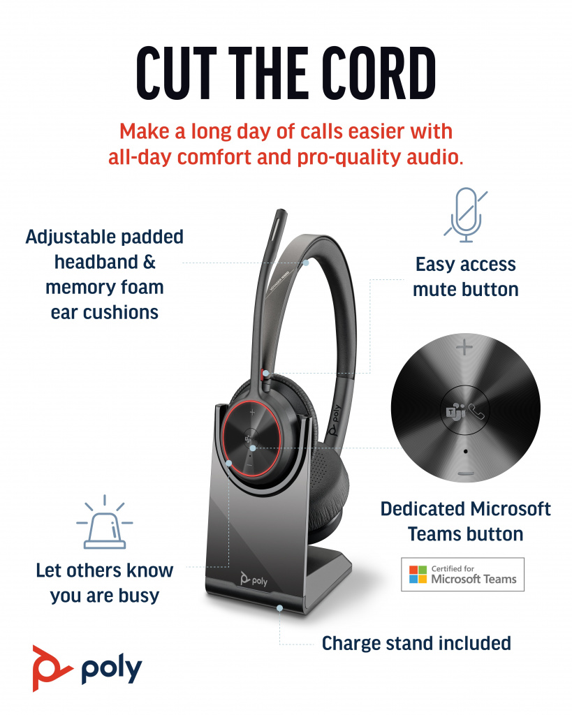 Poly Voyager 4320 UC Stereo USB-A Headset +BT700 USB-A Adapter +Charging Stand - Image 9