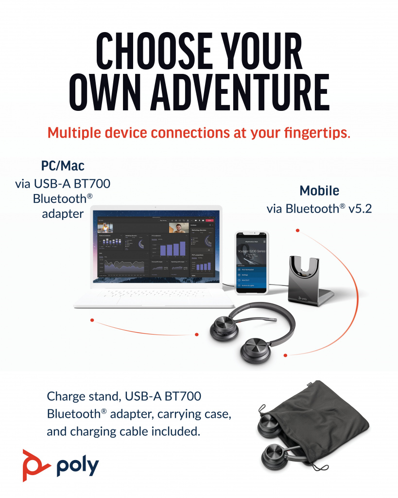 Poly Voyager 4320 UC Stereo USB-A Headset +BT700 USB-A Adapter +Charging Stand - Image 8