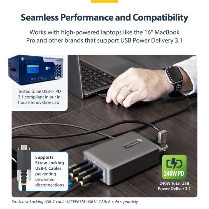 StarTech.com 4-Port Multi-Device USB-C Charger, 240W Total, Single Port 140W EPR, PD 3.1, Screw Locking Ports, Boardrooms, Brack - Image 16