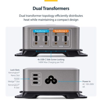 StarTech.com 4-Port Multi-Device USB-C Charger, 240W Total, Single Port 140W EPR, PD 3.1, Screw Locking Ports, Boardrooms, Brack - Image 18
