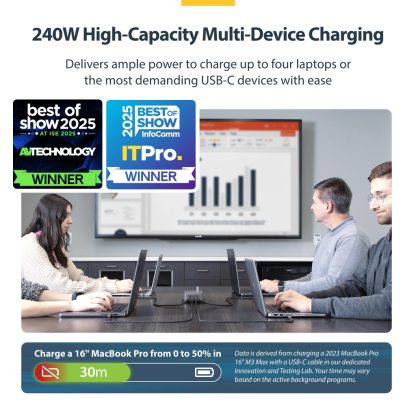 StarTech.com 4-Port Multi-Device USB-C Charger, 240W Total, Single Port 140W EPR, PD 3.1, Screw Locking Ports, Boardrooms, Brack - Image 12