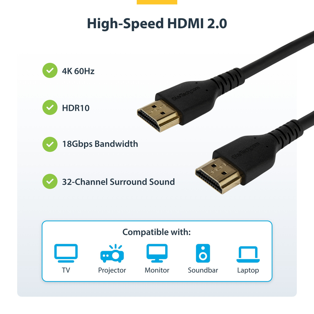 StarTech.com 5ft (1.5m) Slim HDMI 2.0 Cable, Flexible Premium Certified HDMI Cord with Ethernet, UHD 4K 60Hz HDR10, Durable Ara - Image 6