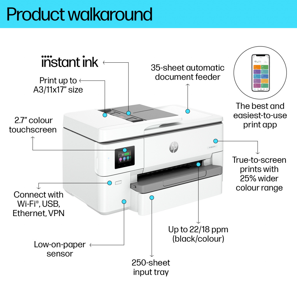 HP OfficeJet Pro 9720e Wireless All-in-One Color Printer, Two-sided printing; Copier, Scanner - Image 5