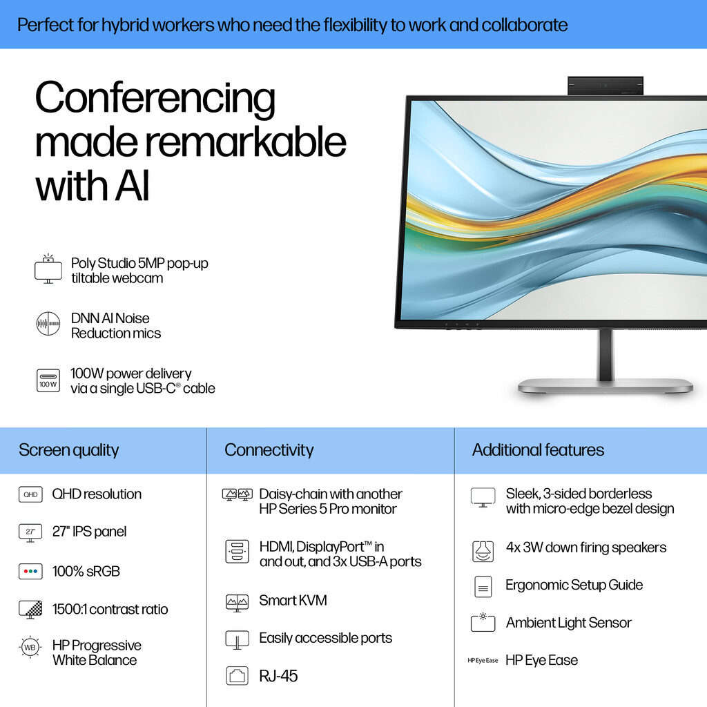 HP Series 5 Pro 27 inch QHD USB-C Conferencing Monitor - 527pm - Image 8