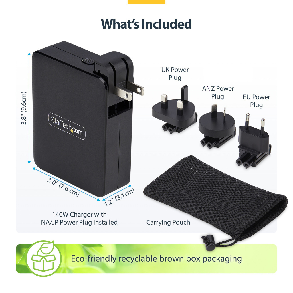 StarTech.com 140W USB-C Wall Charger, 3x USB-C/1x USB-A, PD 3.1 International GaN Power Adapter for MacBook/Dell XPS/Inspiron - Image 20