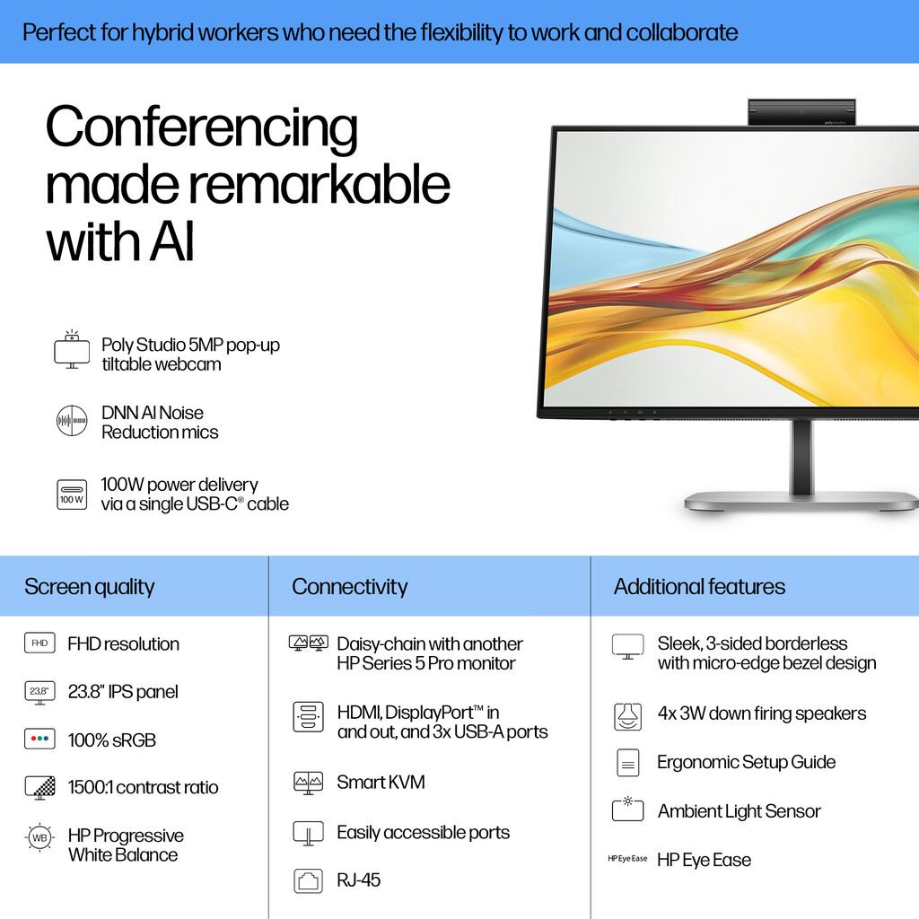 HP Series 5 Pro 23.8 inch FHD USB-C Conferencing Monitor - 524pm - Image 8
