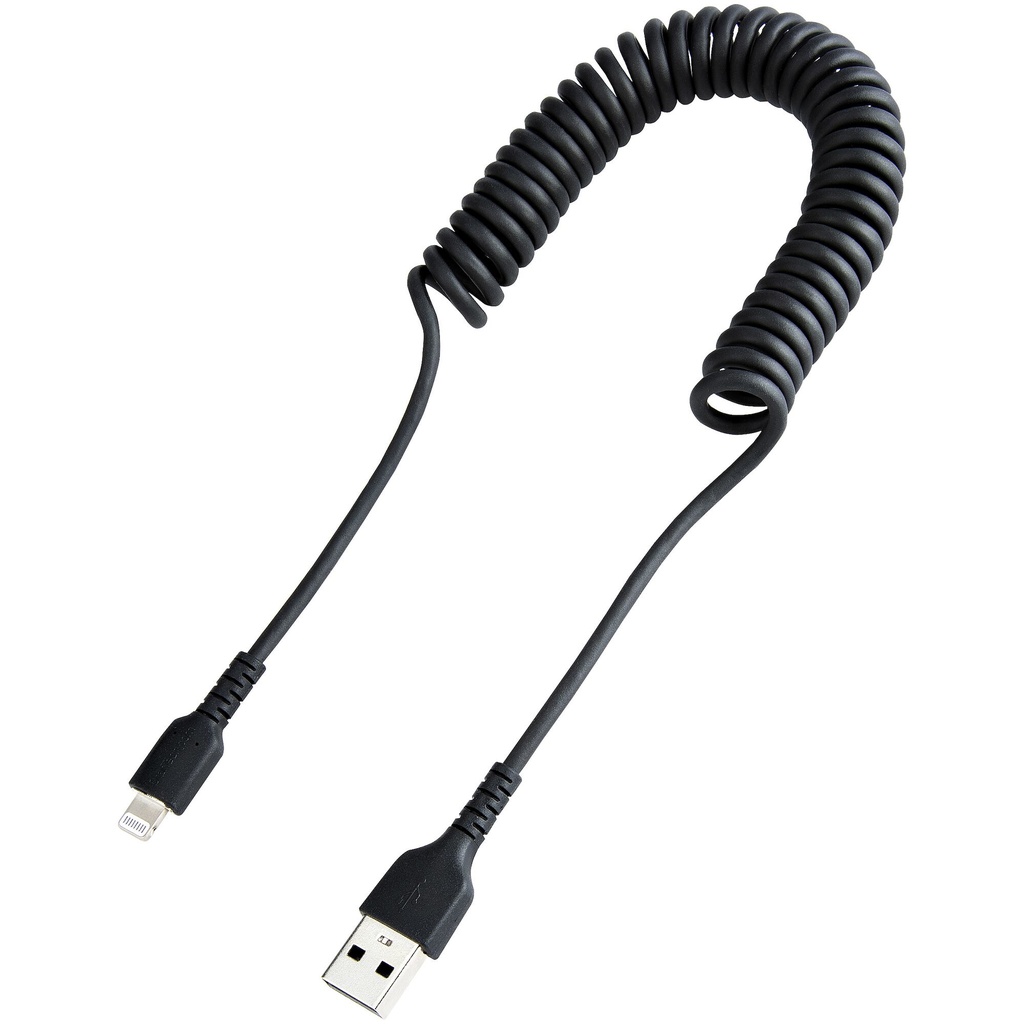 StarTech.com 1m (3ft) USB to Lightning Cable, MFi Certified, Coiled iPhone Charger Cable, Black, Durable TPE Jacket Aramid Fibe - Image 2