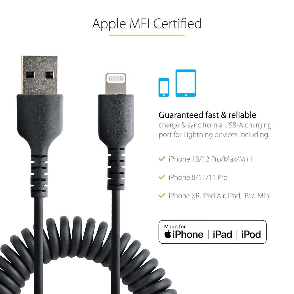 StarTech.com 50cm (20in) USB to Lightning Cable, MFi Certified, Coiled iPhone Charger Cable, Black, Durable TPE Jacket Aramid F - Image 10