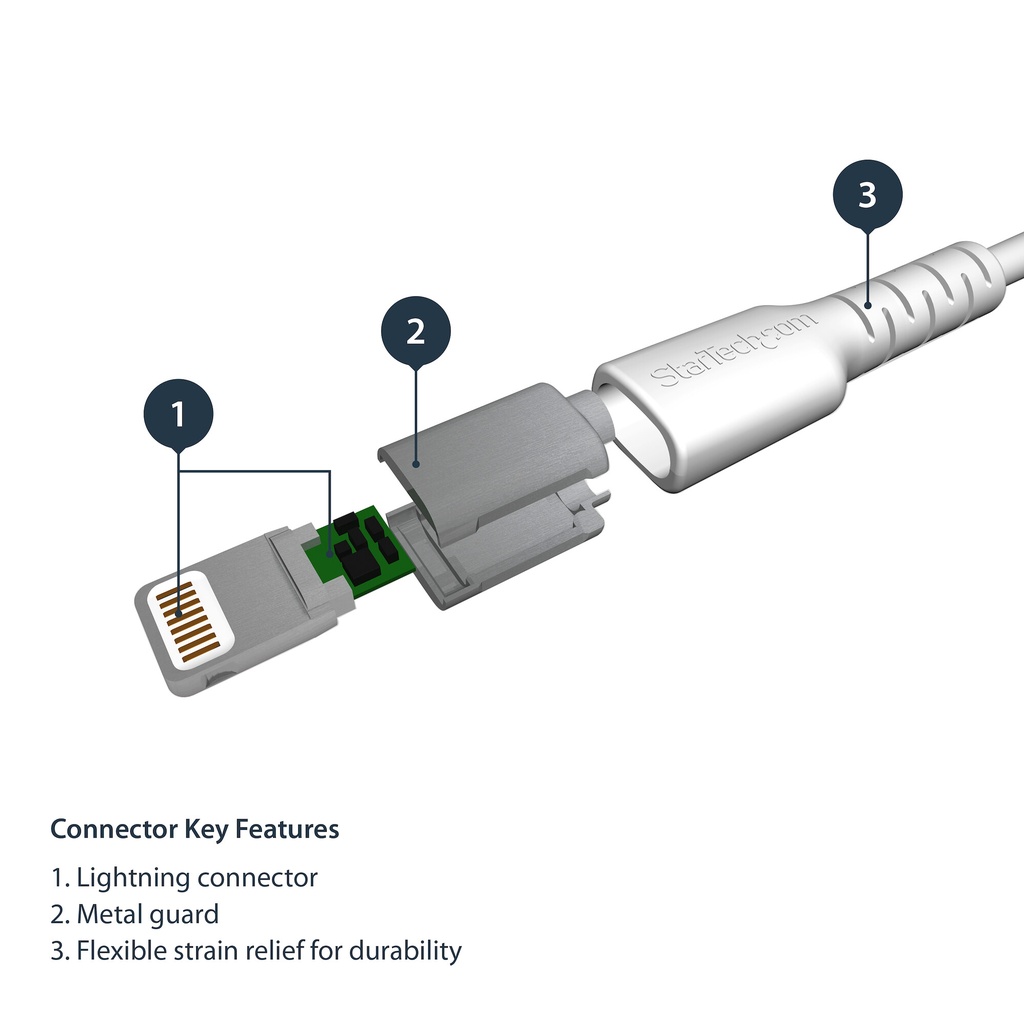 StarTech.com 3 foot (1m) Durable White USB-A to Lightning Cable - Heavy Duty Rugged Aramid Fiber USB Type A to Lightning Charge - Image 4