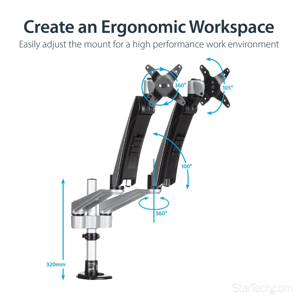 StarTech.com Desk-Mount Dual Monitor Arm - Full Motion Articulating - Premium - For up to 30" (19.8lb/9kg) Displays - TAA - Image 16