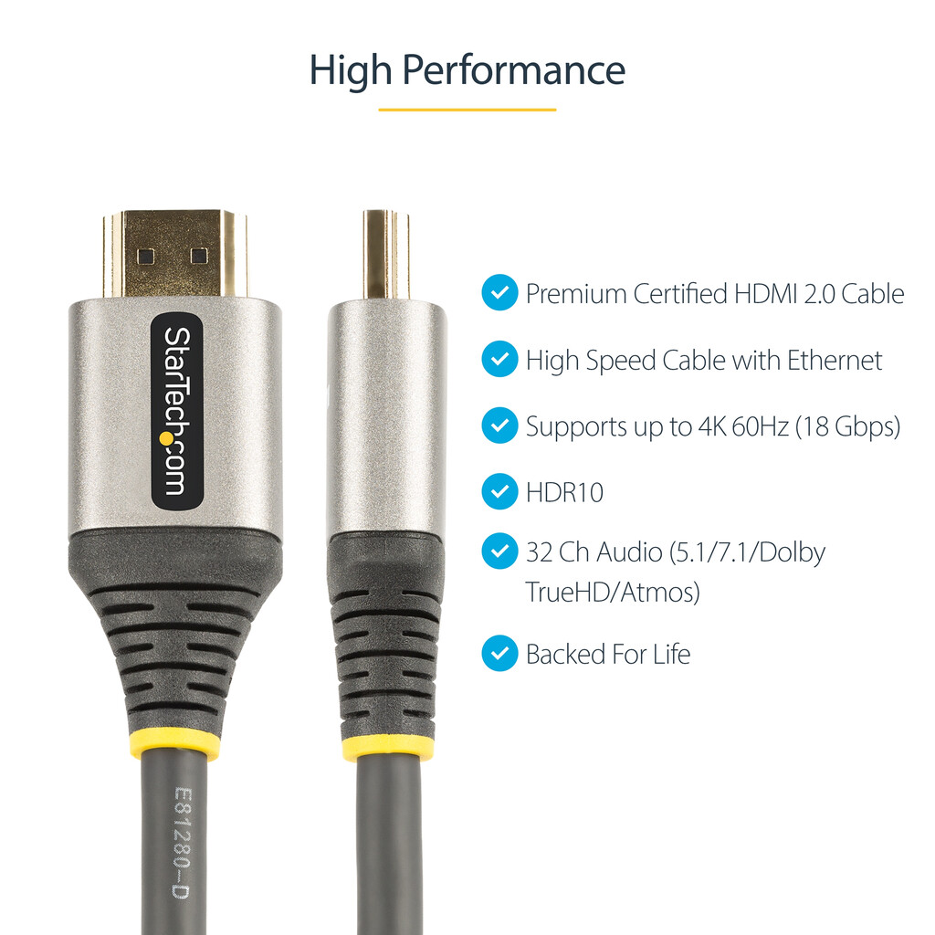 StarTech.com 3ft (1m) Premium Certified HDMI 2.0 Cable - High Speed Ultra HD 4K 60Hz HDMI Cable with Ethernet - HDR10, ARC - UH - Image 7